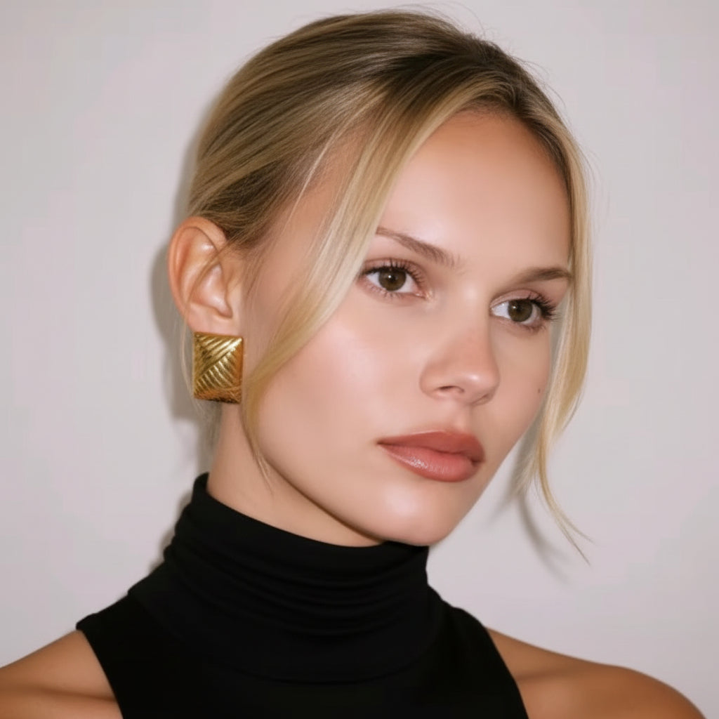A close-up portrait of a blonde woman wearing a black turtleneck top and a textured gold geometric earring, set against a plain light background.