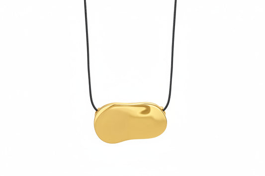 Gold pendant necklace with measurements on a white background